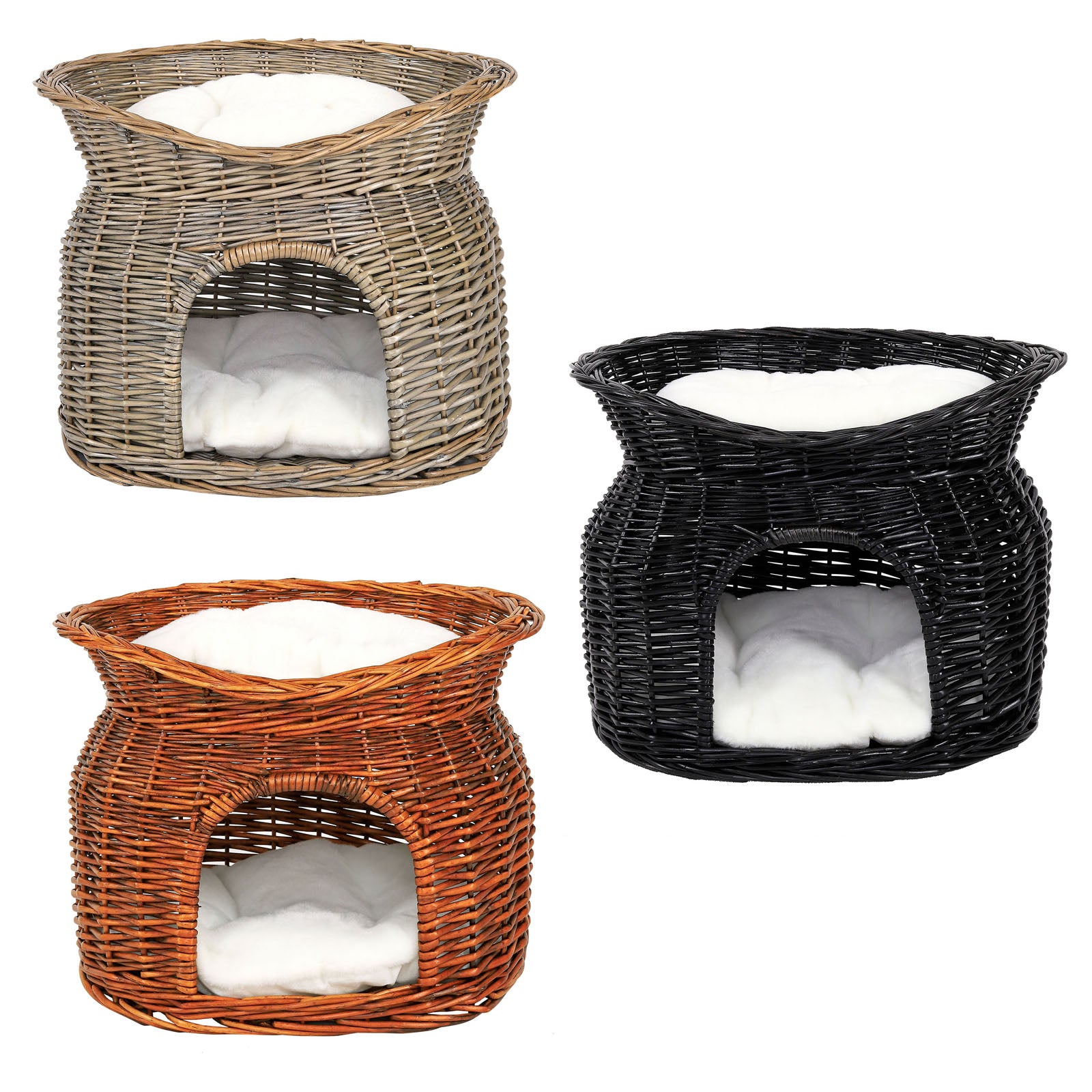 Weidenkorb für Katzen mit Höhle und Liegefläsche in grau, schwarz und braun