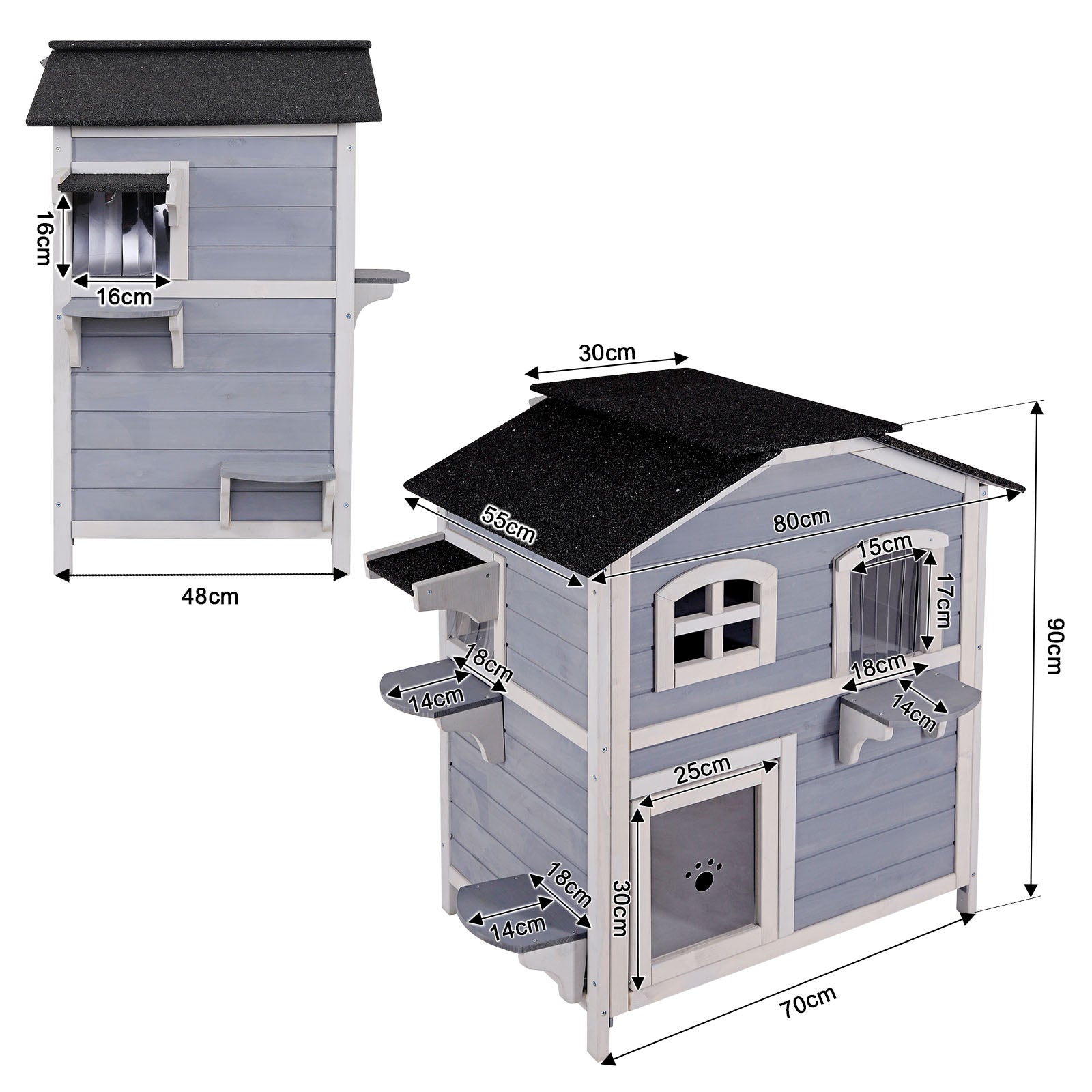 detaillierte Angabe aller Maße anhand des Katzenhauses