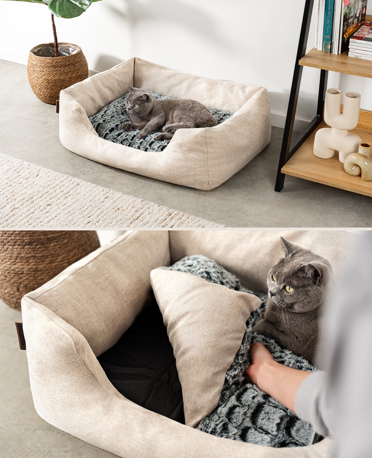 Katzenbett mit Wendekissen & meliertem Außenstoff