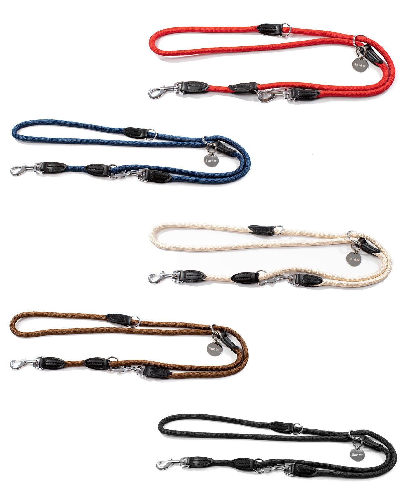 mehrfach längenverstellbare Hundeleine aus Nylon in rot, blau, beige, braun und schwarz