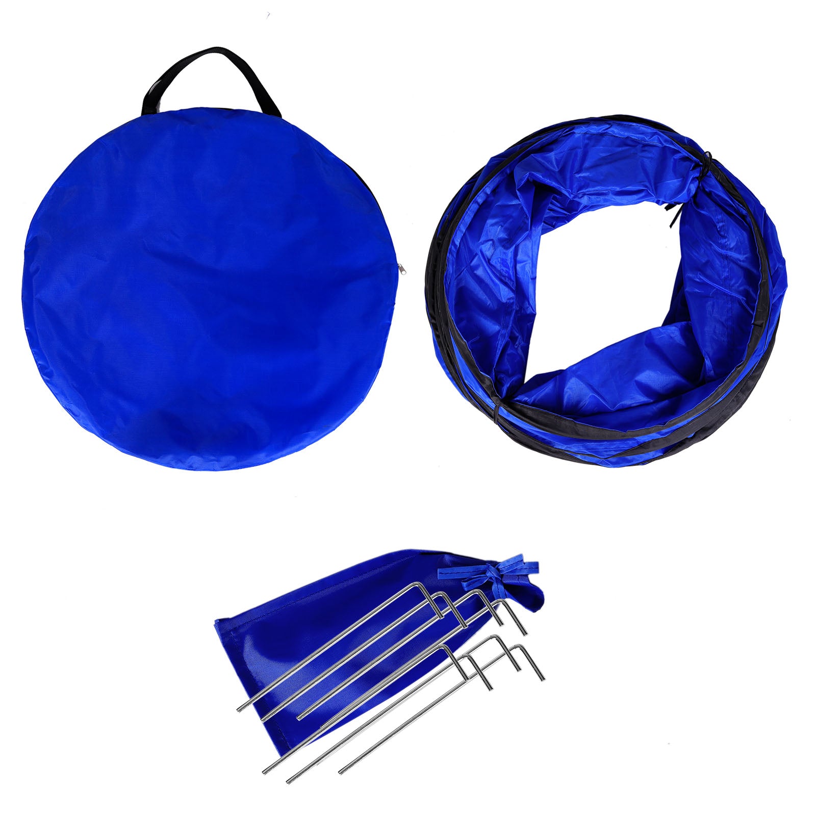 zusammengeklappter Hundetunnel mit Heringen und Tragetasche