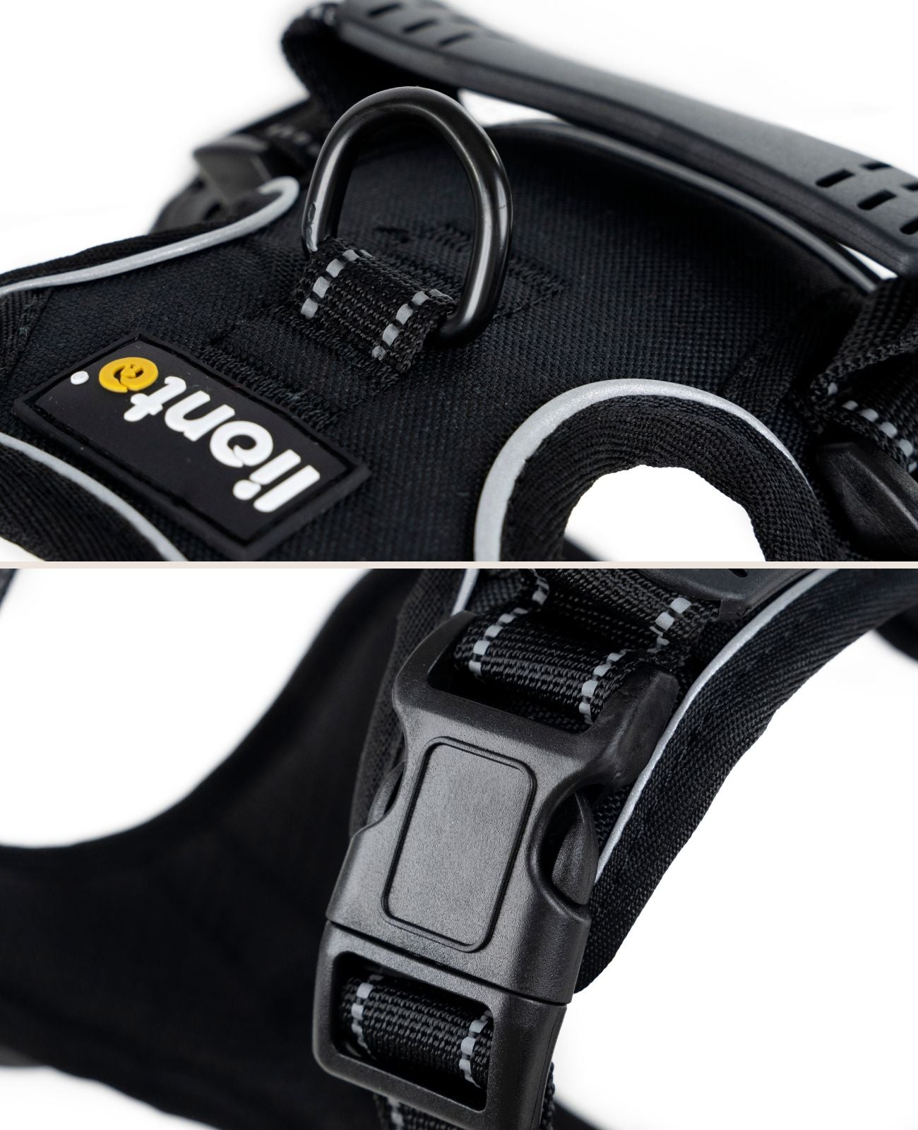 Sicherheitsverschluss, Reflektoren und Metallring zur Befestigung der Leine am Geschirr