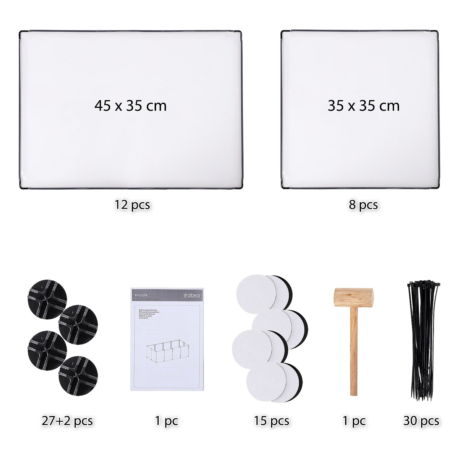 Kunststoffplatten in zwei Größen, Steck-Verbinder, Anleitung, Filzplättchen, Holzhammer und Kabelbinder