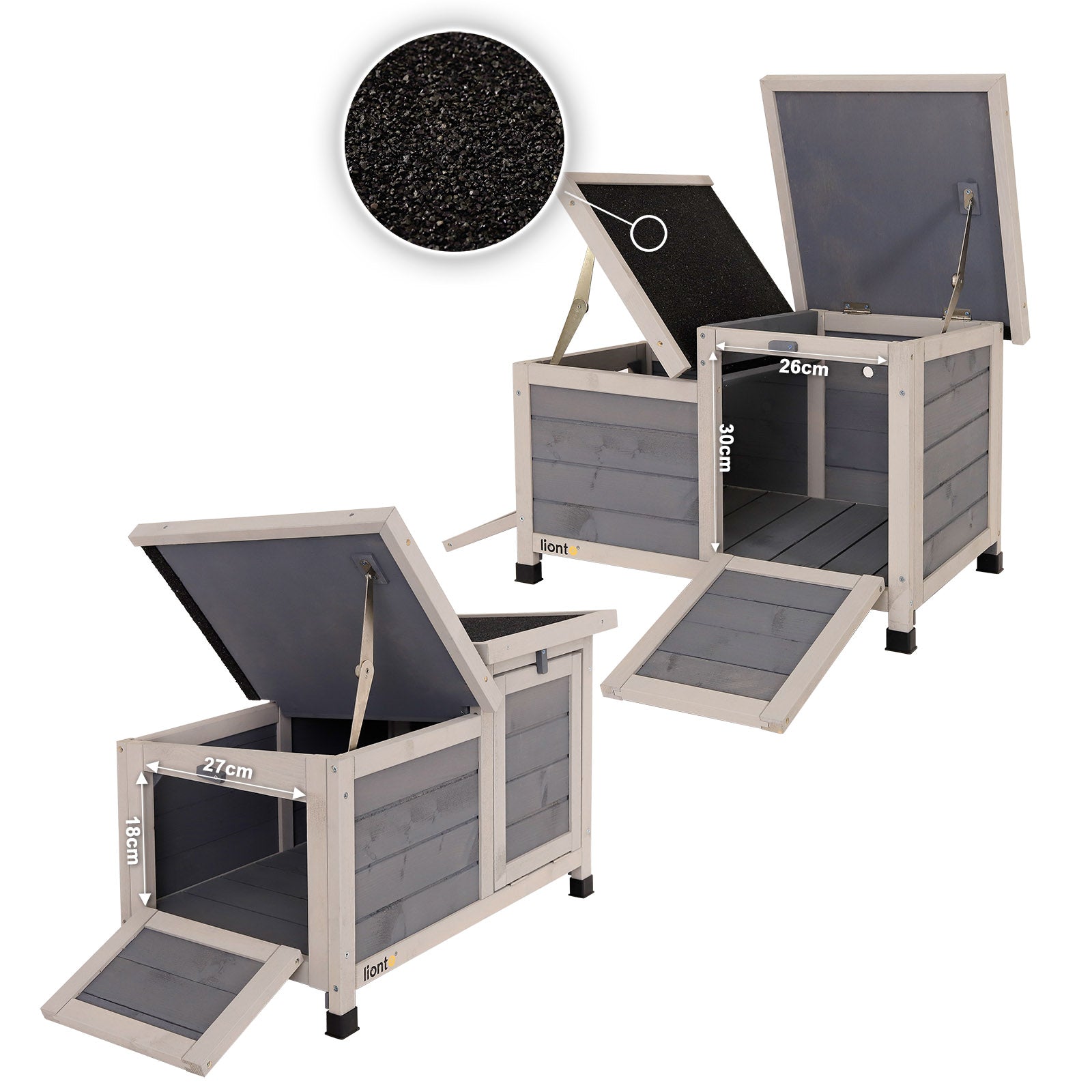 geöffneter Kaninchenstall mitzwei Öffnungen und zwei Dachklappen mit Bitumenbelag