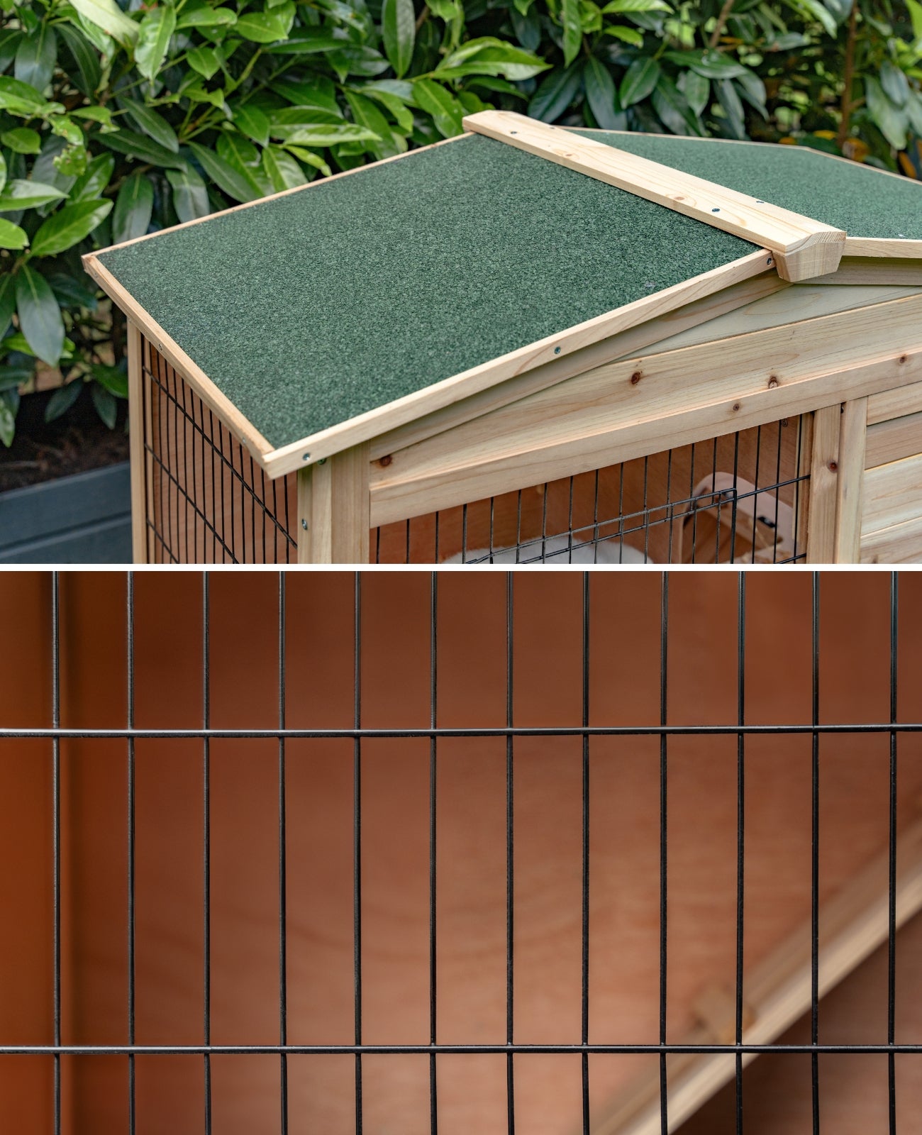 wasserfestes Dach aus Bitumenplatten und robuster Eisendraht in beiden Etagen