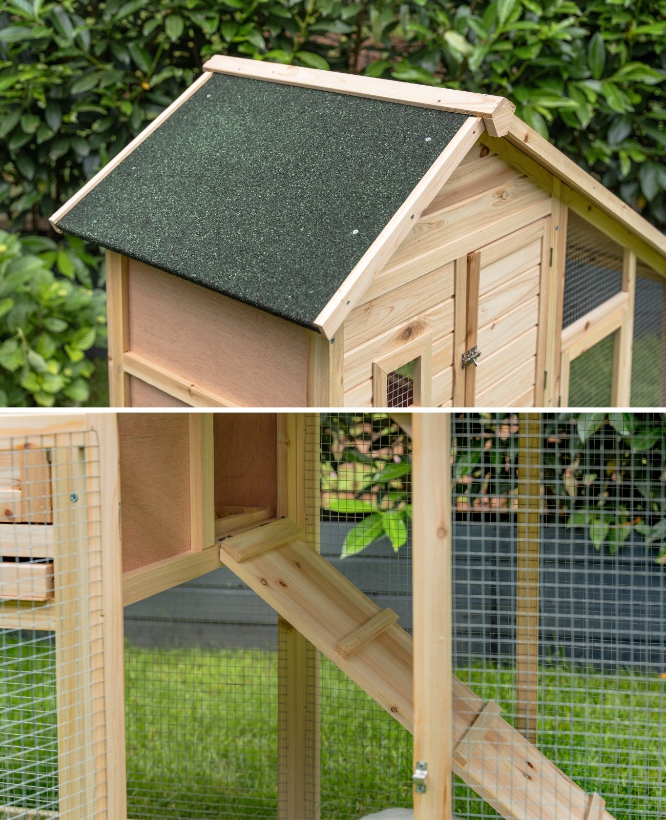 wasserabweisendes Dach aus Bitumenplatten und Lauframpe aus Holz für Zugang zur zweiten Etage