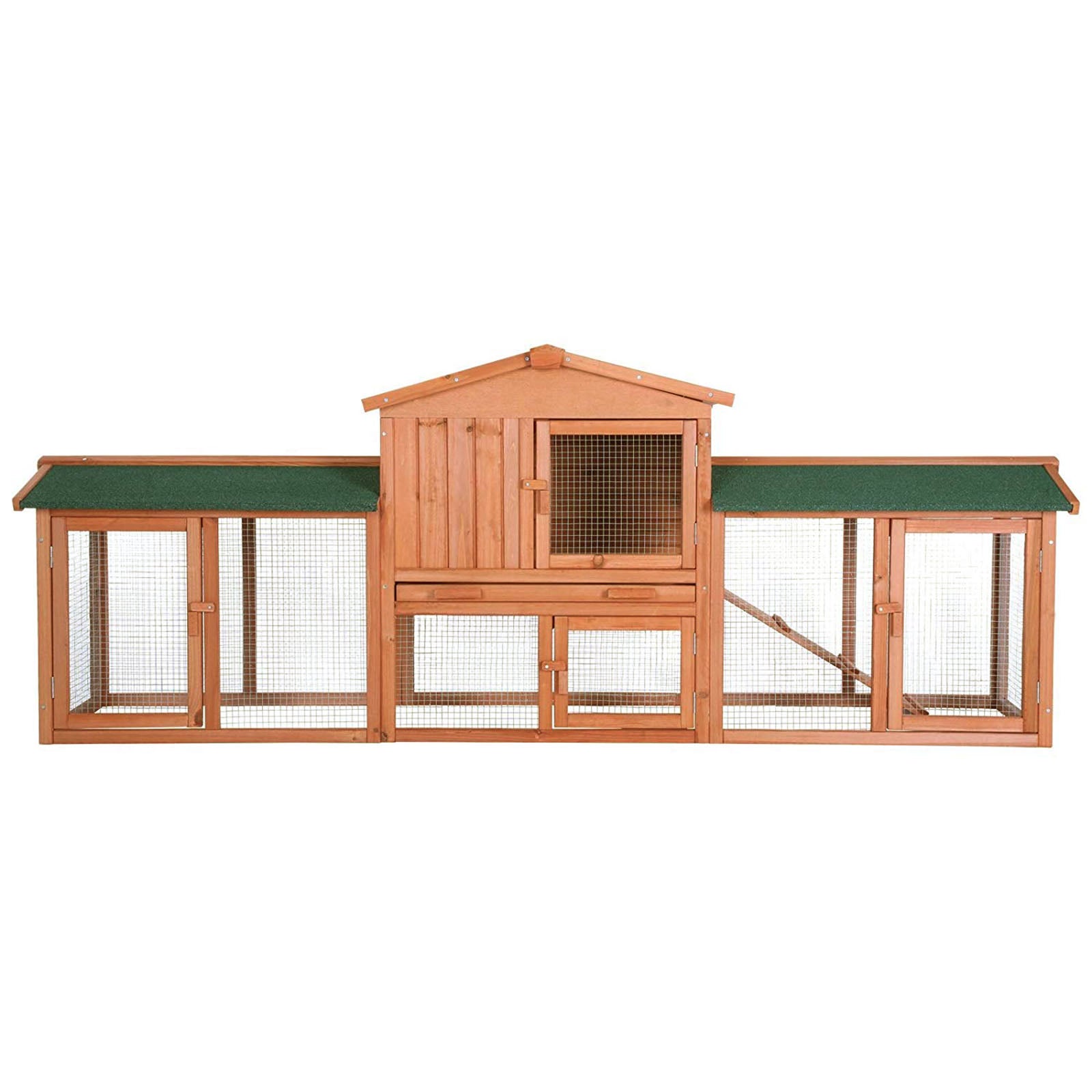 Kaninchenstall aus Tannenholz auf zwei Etageln mit Rampe und Auslauf auf beiden Seiten