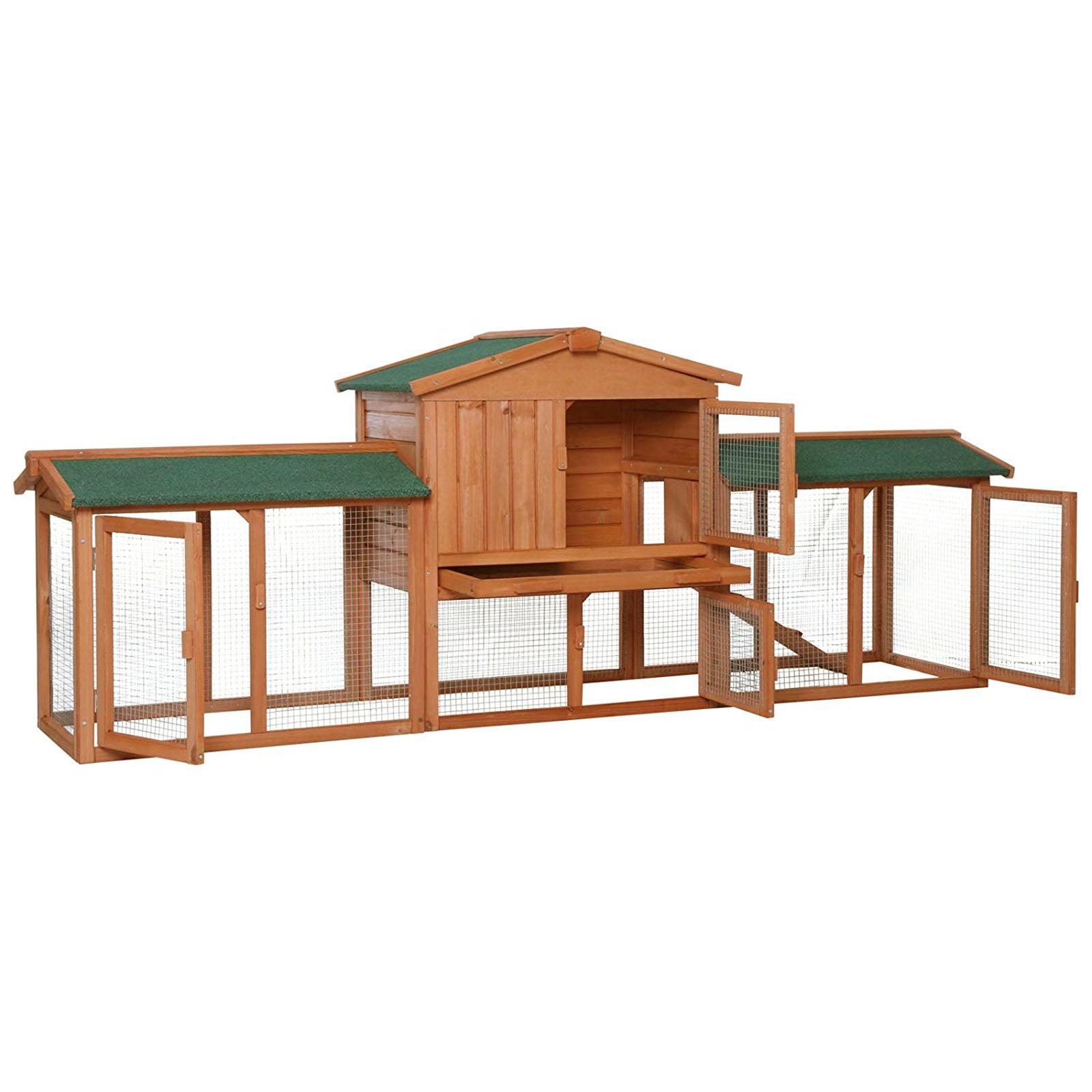 Kaninchenstall aus Tannenholz auf zwei Etageln mit Rampe und Auslauf auf beiden Seiten mit geöffneten Türen