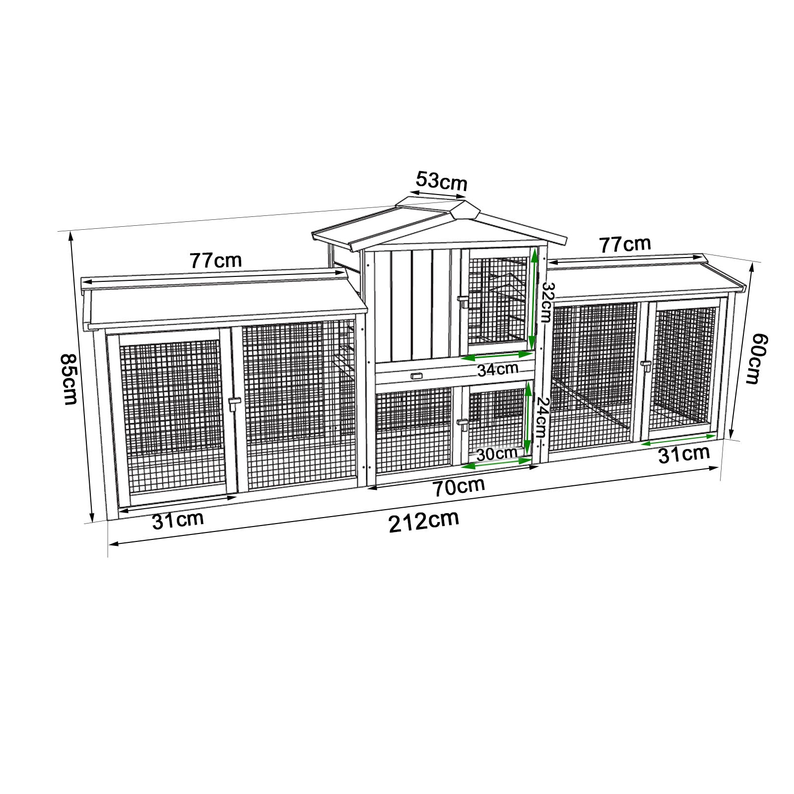 detaillierte Ansicht aller Maße anhand des Kaninchenstalls