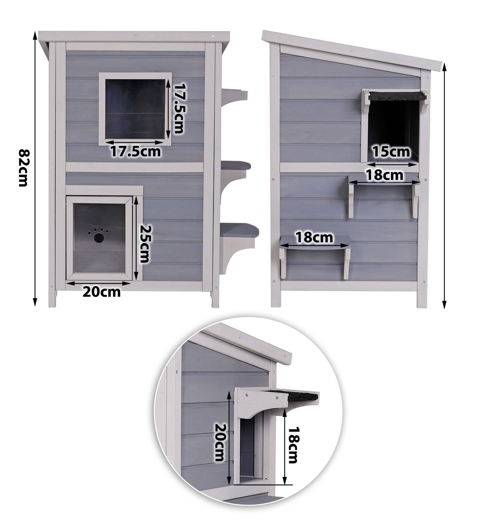 detaillierte Angabe aller Maße anhand des Katzenhauses