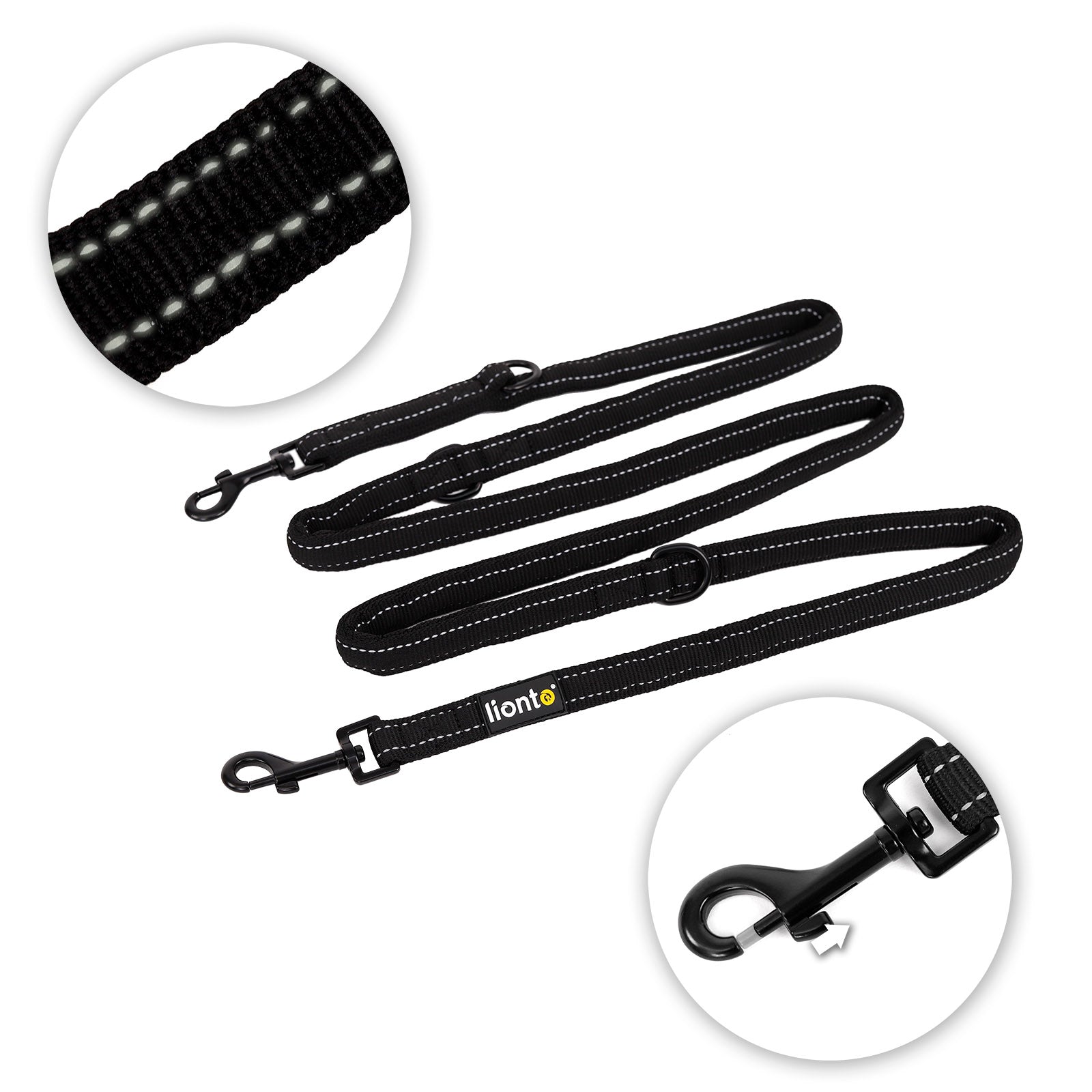 reflekierende Nähte über die gesamte Leinenlänge und zwei 360-Grad drehbare Karabinerhaken aus Edelstahl