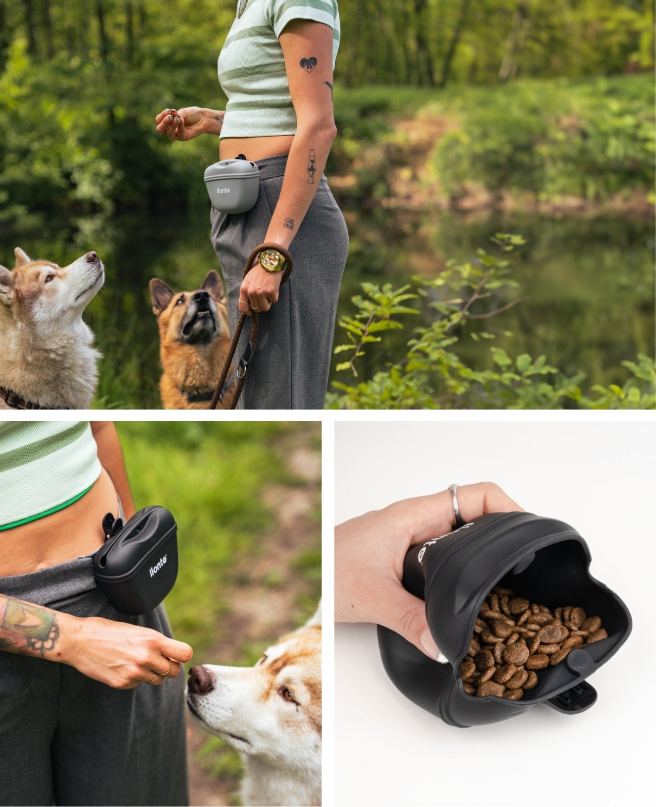 weite Öffnung des Futterbeutels und Frau, die Leckerchen aus dem Beutel an Husky verteilt