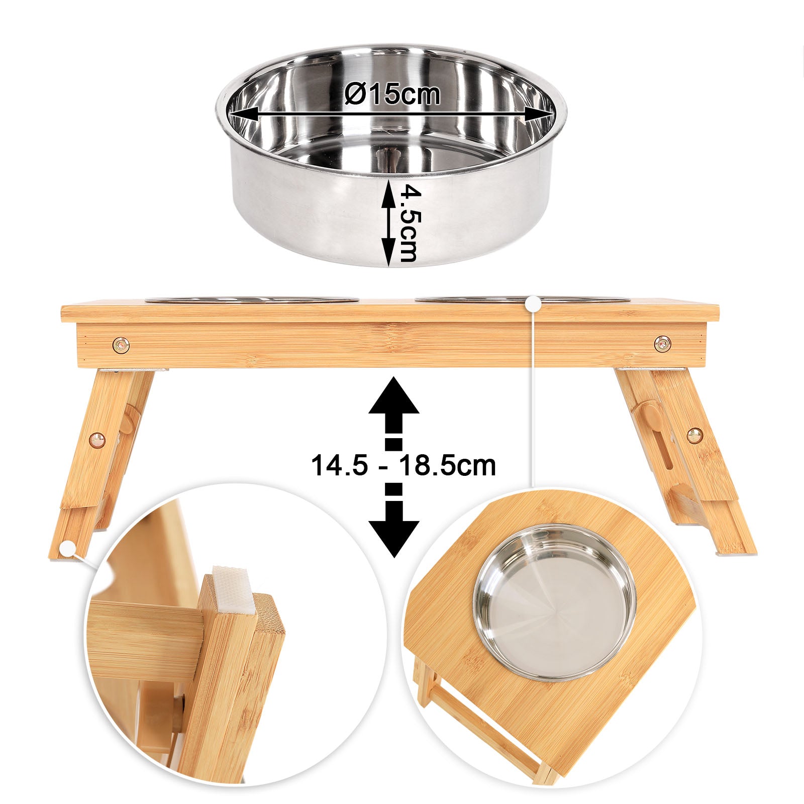 angegebene Maße der Futterstation und der Näpfe