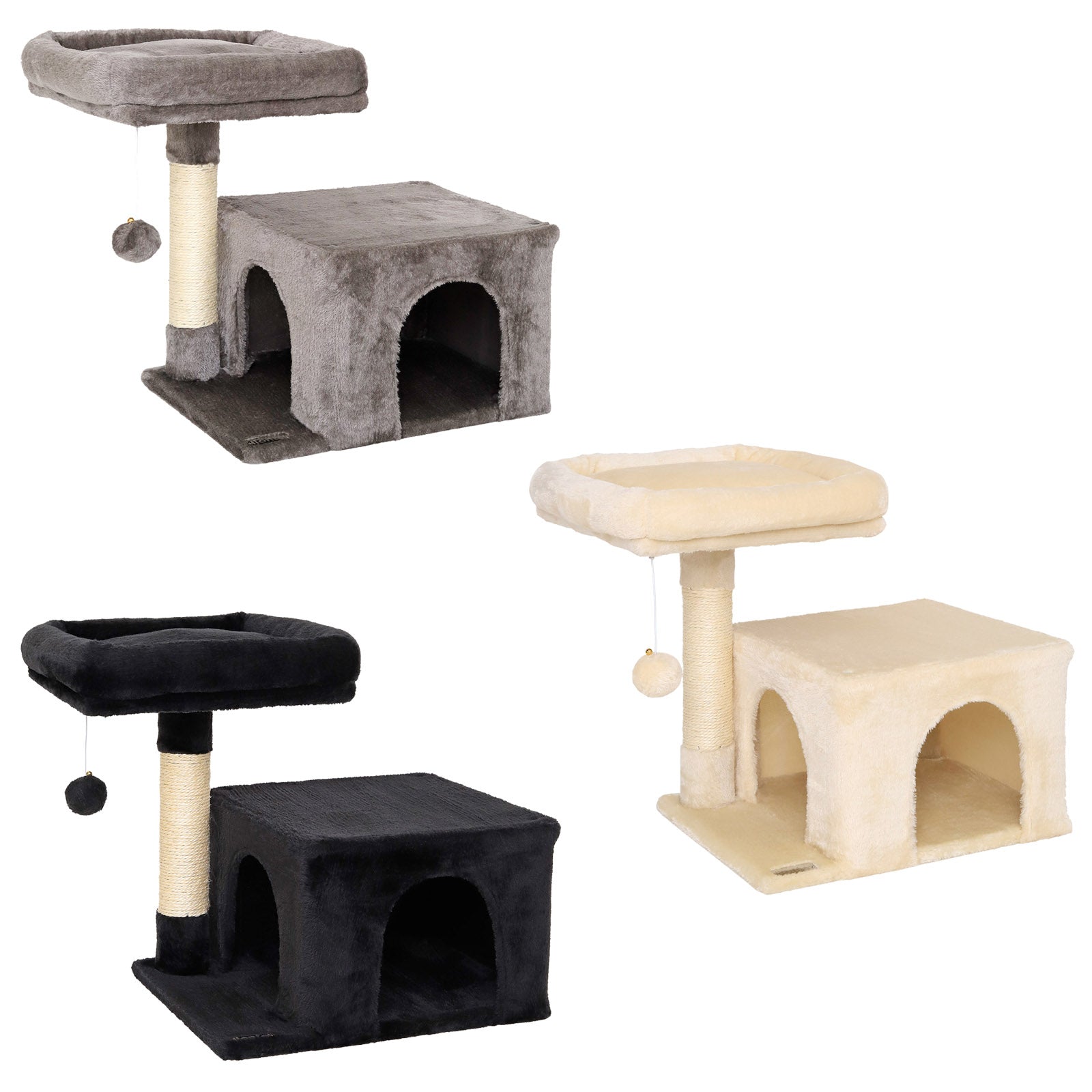 Kratzbaum mit Höhle und Liegeplattform und Spielball in grau, beige und schwarz