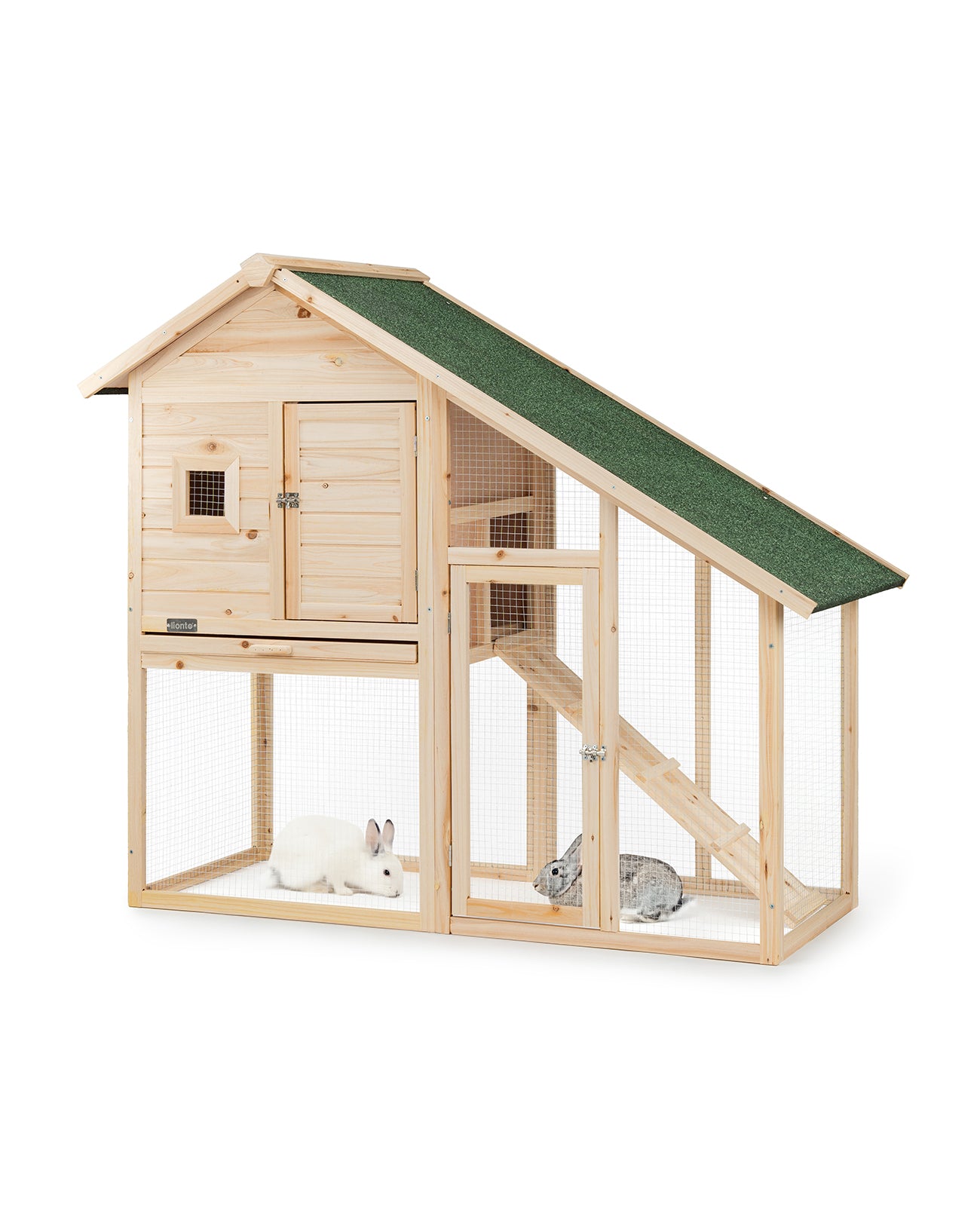 Kleintierstall aus Tannenholz mit zwei Etagen und Rampe