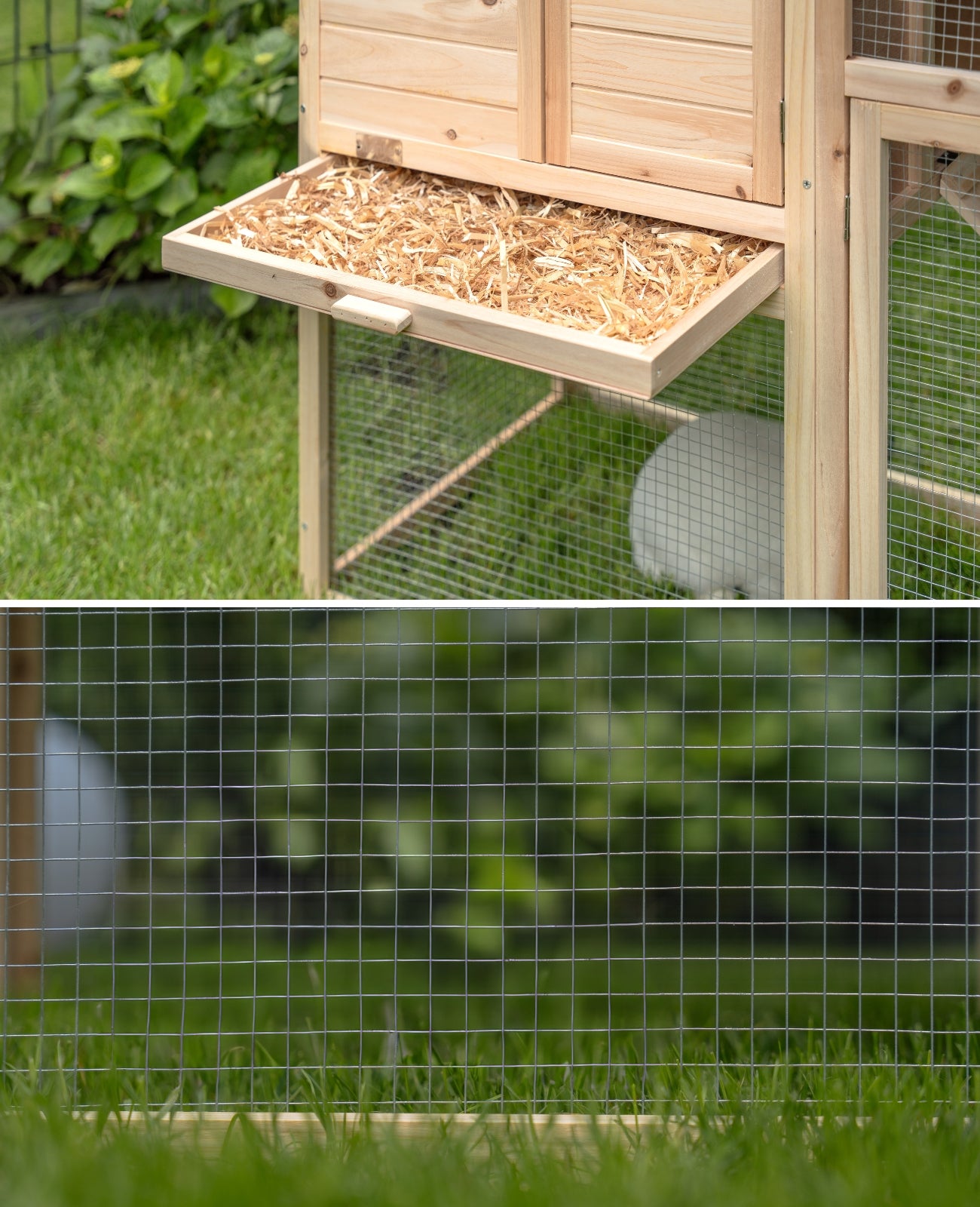 herausnehmbare Schublade mit Streu zur Reinigung und Drahtgitter der unteren Etage