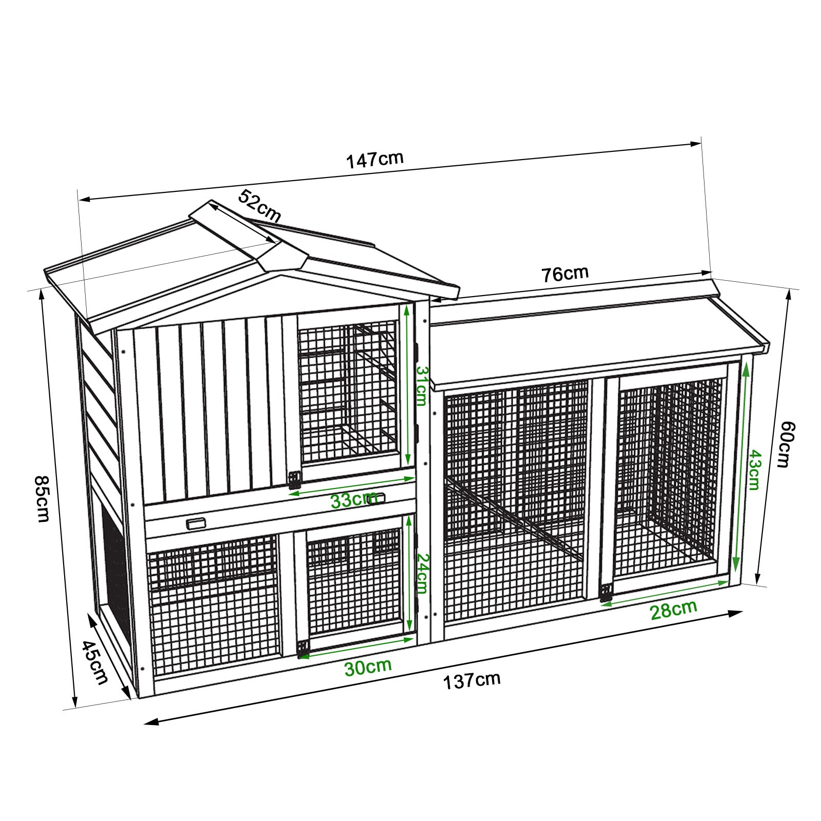 detaillierte Ansicht  aller Maße anhand des Kaninchenstalls