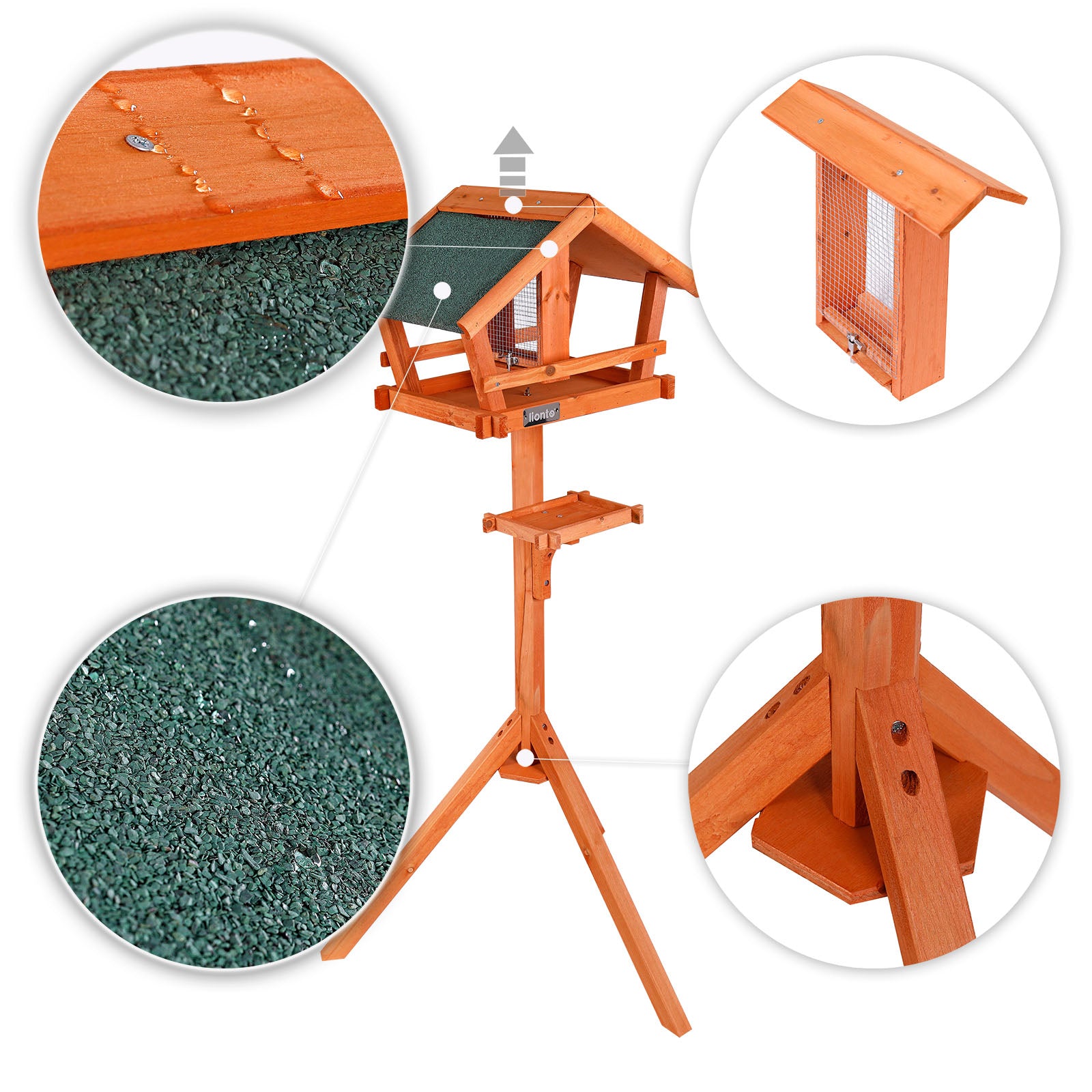 Vogelhaus mit stabilem Standfuß, Futtersilo und wasserabweisendem Bitumendach