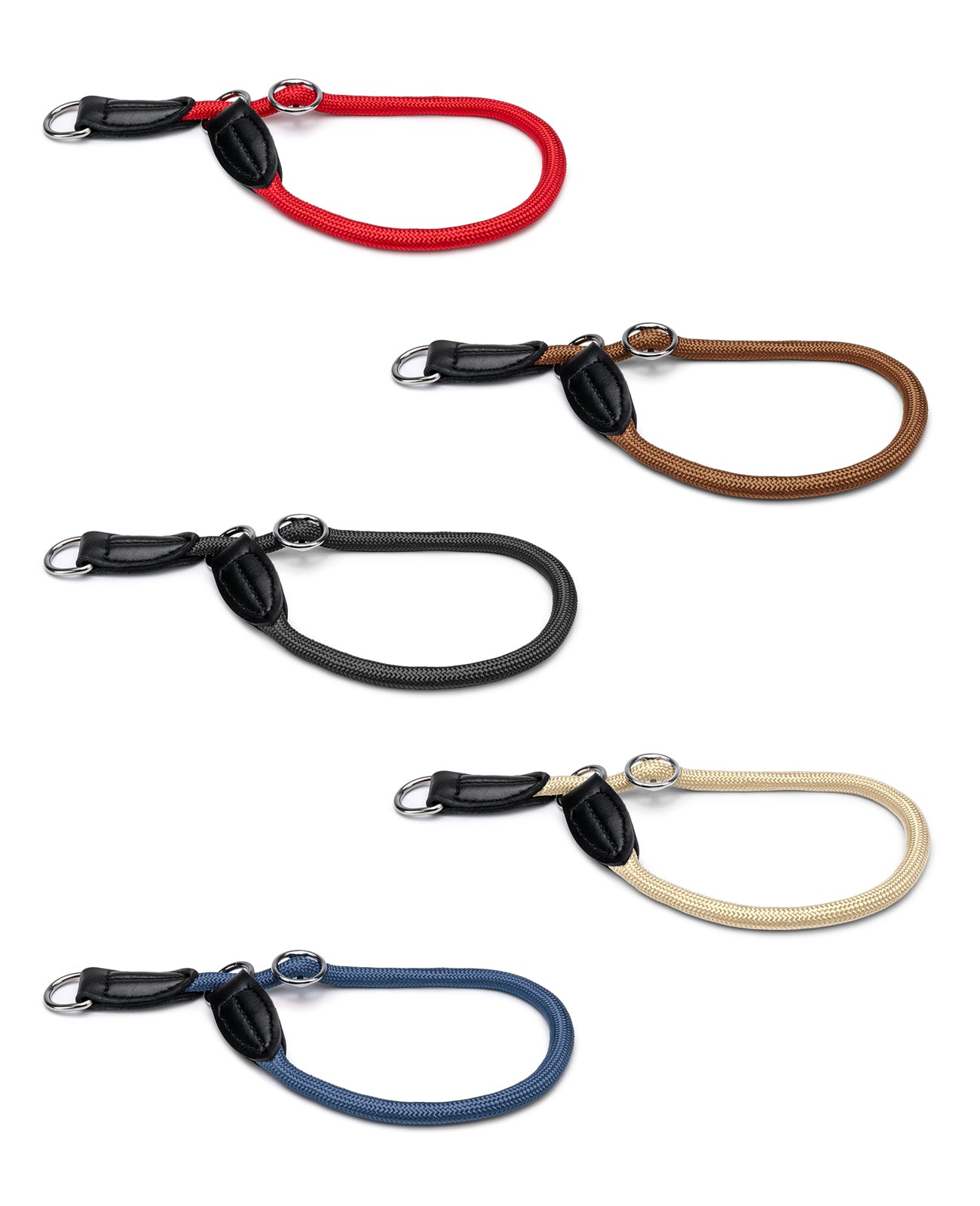 Retrieverhalsband mit Zugstopp in rot, braun, schwarz, beige und blau